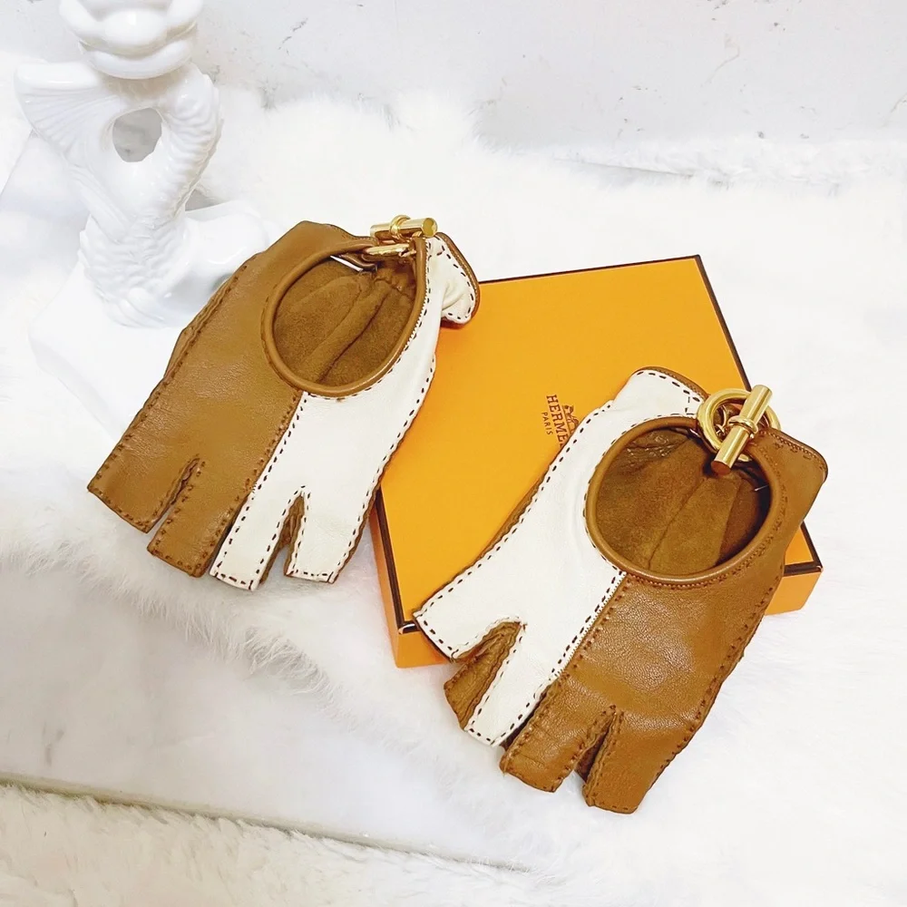 Authentic Hermes Rare Glenan Bi-Color Cream & Camel Fingerless Leather Gloves